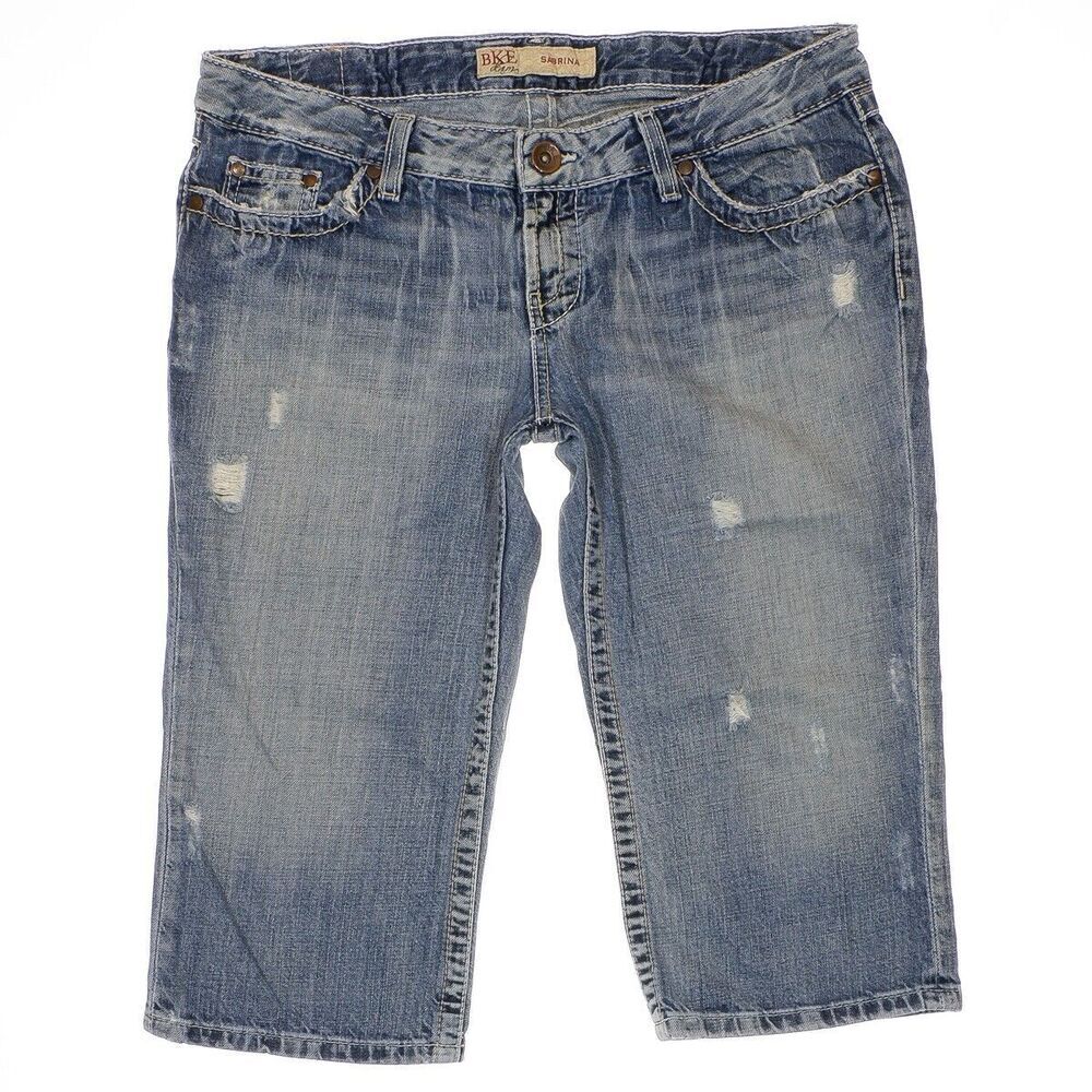 BKE Jeans Womens 30 Sabrina Capri Crop Distressed Cotton Blue Measures 34 x 16
